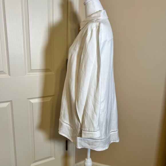 Soft Surroundings White Linen Blend Tunic Shirt Pearl Buttons Lace Hems Size M - Picture 6 of 11